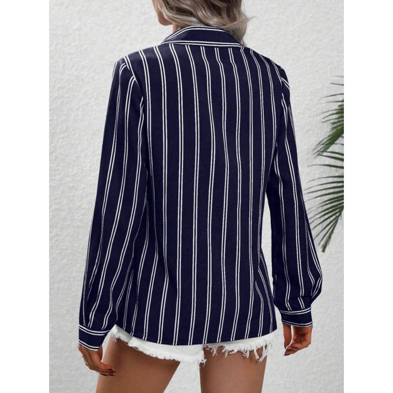 Women's Shirt Autumn Commuting Style Fashion Lapel Blouses Striped Loose Long Sleeved Shirt Women