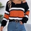 Women's Off Shoulder Sweater - Color Block Striped Bell Sleeve Pullover with Metal Buttons Fall Winter Casual Knitwear