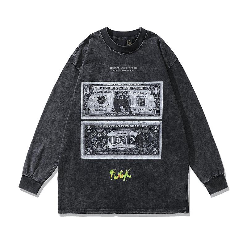 European And American High Street Trendy Brand Doberman Pinscher Printed Long-Sleeved T-Shirt Men'S And Women'S Vibe Style Retro Trendy Brand Washing