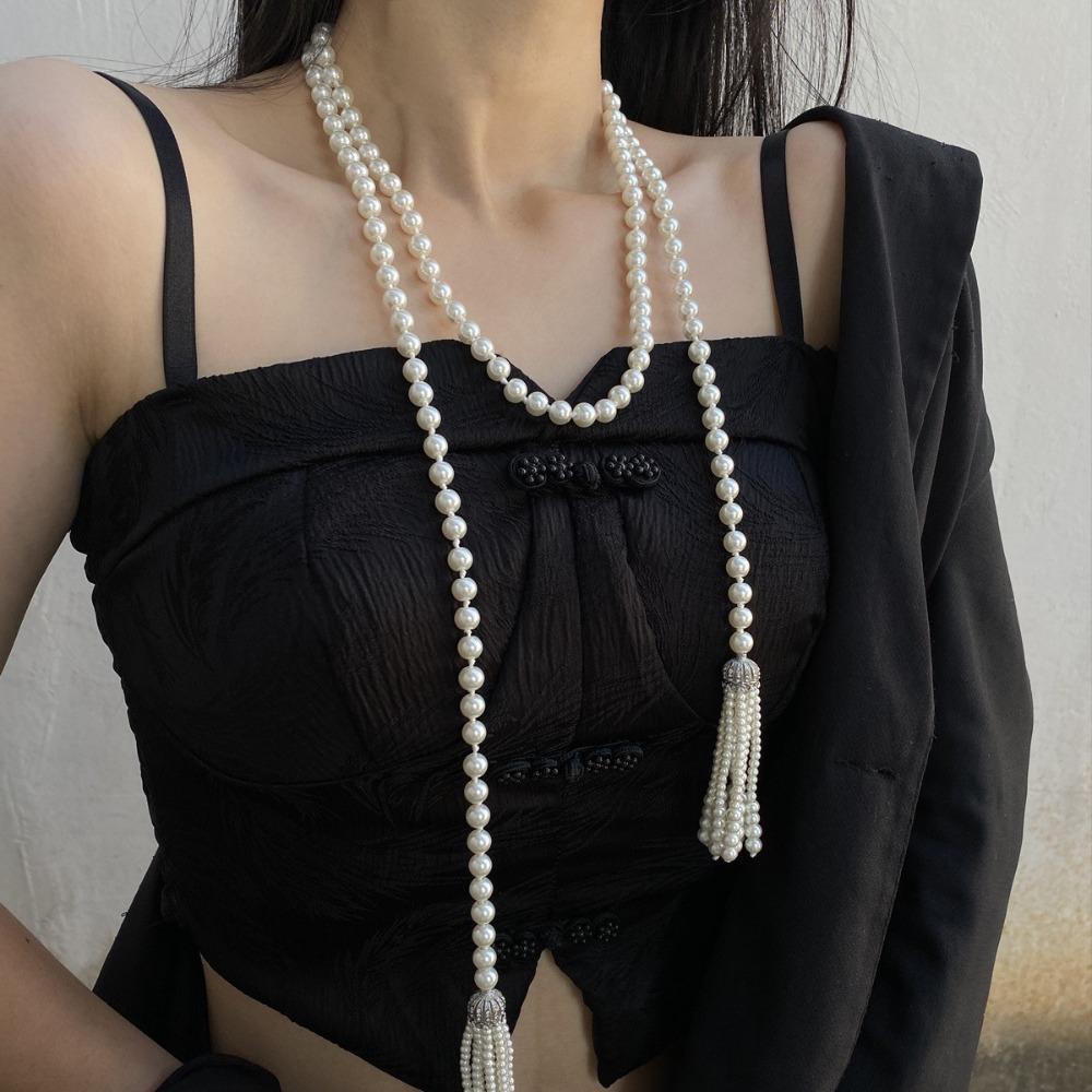 Exaggerate Pearl Beaded Necklace Tassel Multilayer Necklace Temperament Waistband  Women
