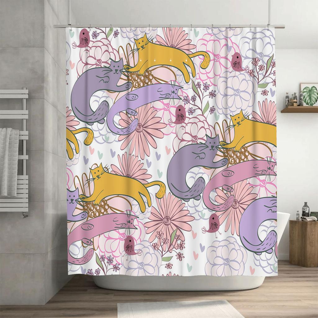 Adorable Floral Cat Printed Shower Curtain for Bathroom Decoration Pink Purple Yellow White Colorful Flowers Octopus Design Patt