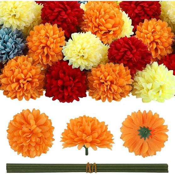40Pcs 2.75'' Marigold Flowers Heads Bulk, Silk Marigold Artificial Flowers for Diwali Home Decor DIY Wreath Garland Craft Baby Shower Wedding Mexican