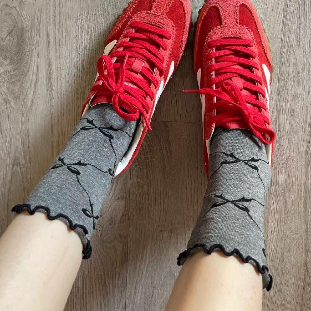 5Pairs Breathable Mid Tube Socks Thin Cotton Sweet Socks Women Fashion Ruffle Bow Socks  Streetwear