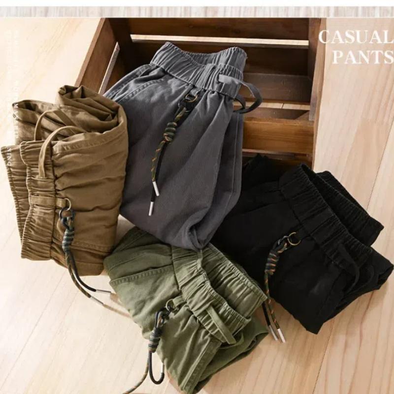 American Cargo Pants Autumn Pure Cotton Comfortable Casual Men Pants Elastic Waist Black Ankle Tied Pant Vintage Men Trousers
