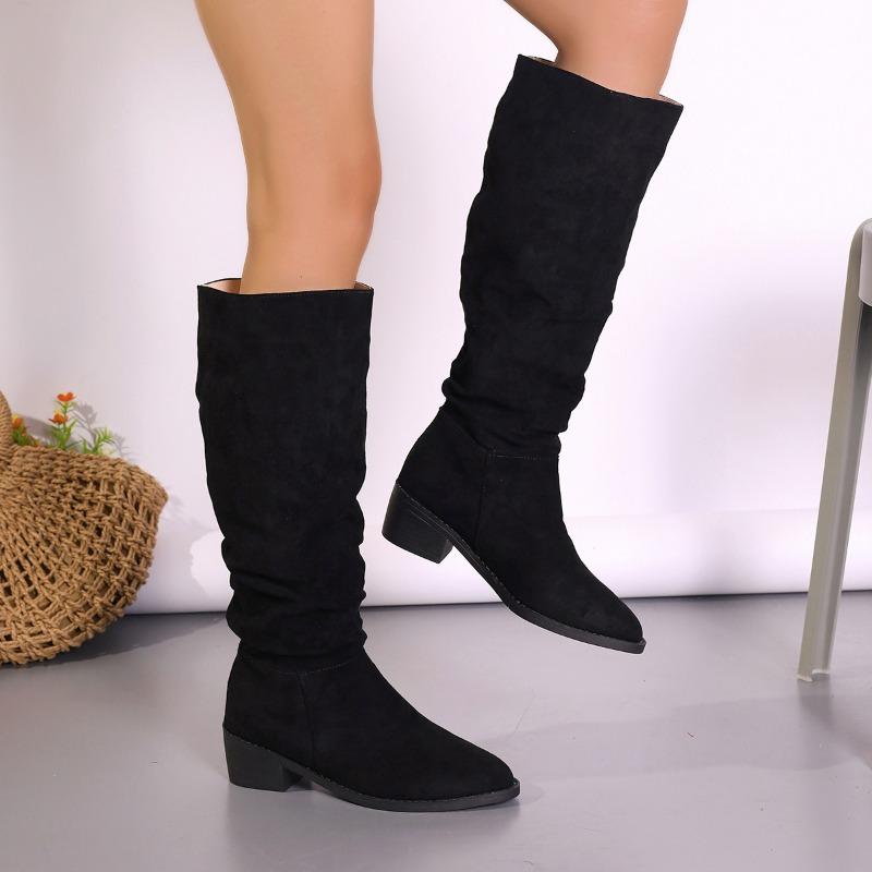 Fashion 2024 Trendy Versatile Women's Boots Suede Thick Heel Pointed Autumn and Winter New Black Pleated High Leg Women's Long Boots