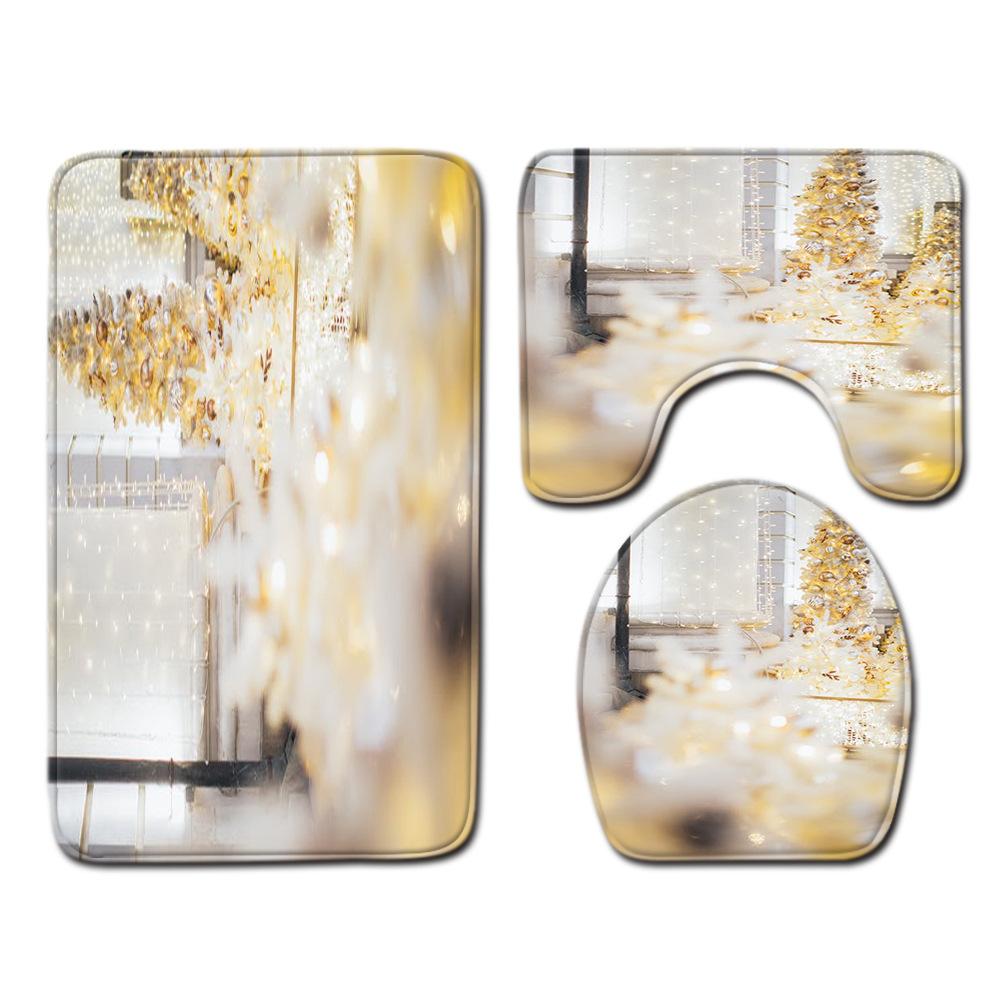 Christmas Shower Curtain Floor Mat Combination Four-Piece Set Bathroom Toilet Carpet Shower Room Mat Foot Mat