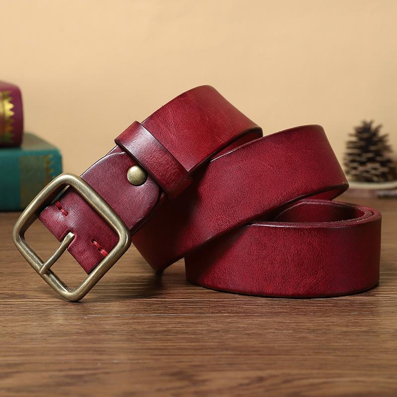 Personalized Leather Pin Buckle Pure Copper Men'S Belt, Male Trendy Young People Pure Cowhide Retro Belt