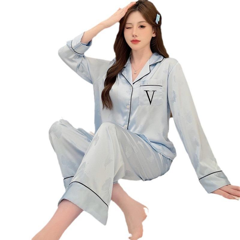 Ice Silk High-end Butterfly Pajamas Summer New Girlfriends Clothing Loungewear Long-sleeved Trousers Set Can Be Worn Outside Spring and Autumn