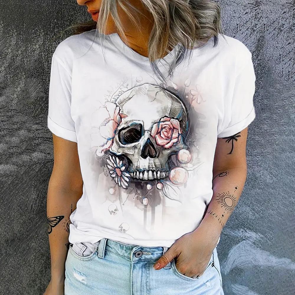 Summer Fashion Short Sleeve Tops Casual 3d Skull Printed T-shirts Female Clothing O-Neck Streetwear Tees & Blouses Oversized