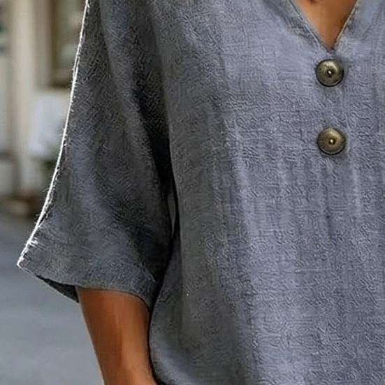 Women Tops Loose Fit V Neck 3/4 Sleeves Pullover Tops Button Decor Pure Color Summer Casual T-shirt Daily Wear