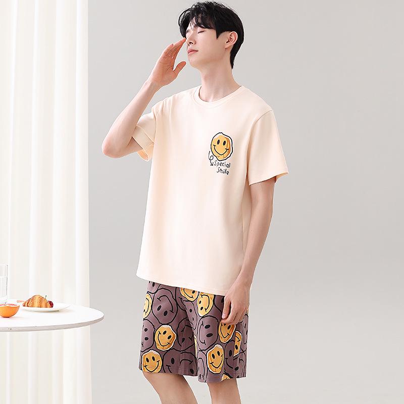 Couple's Summer Cotton Pajama Set: Cute Short Sleeve & Shorts for Women, Wear-Outside Style for Men.