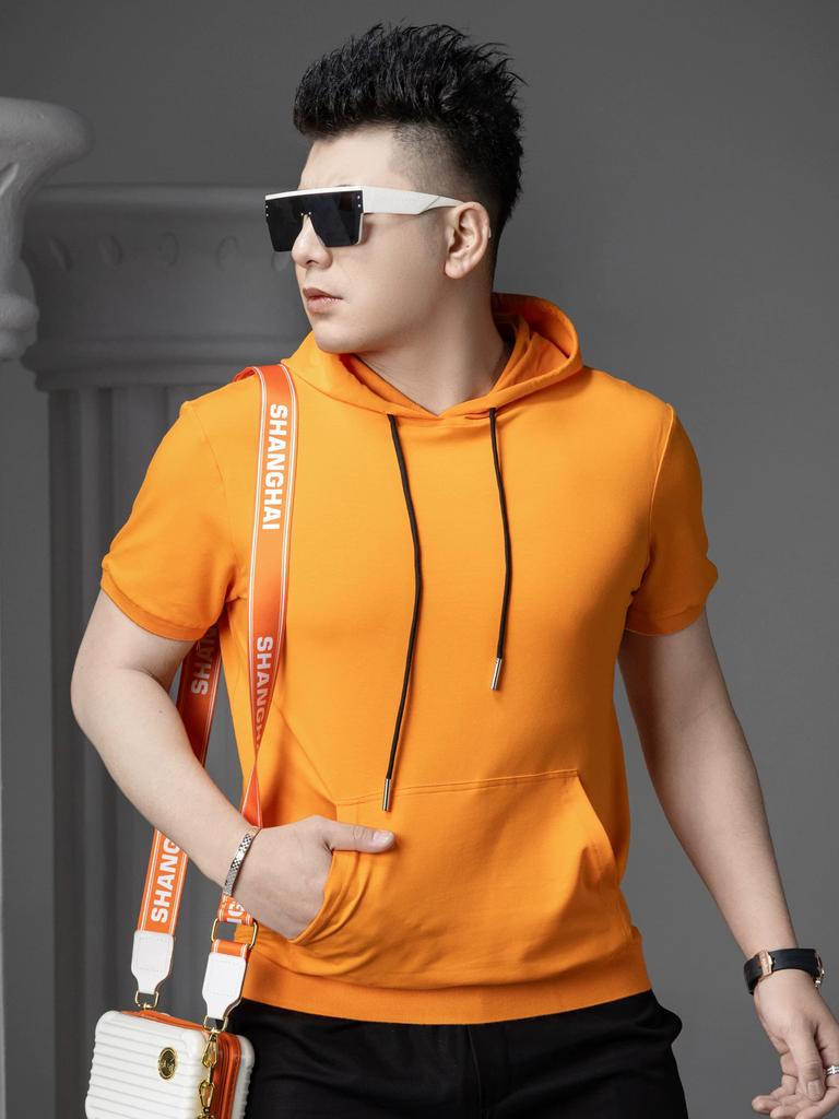 Europäischer Stil Einfarbiges Kapuzen-Kurzarm-T-Shirt für Herren, Sommer Trendiges Schlank geschnittenes Halbarm-Kapuzensweatshirt, Sportlich Lässig Hoodie
