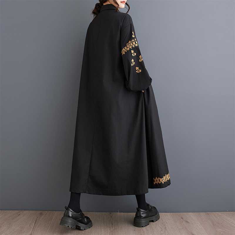 Women's Long Sleeve Shirt Dress Turn-down Collar Mid Rise Embroidered Loose Cotton Linen Casual Maxi Dress