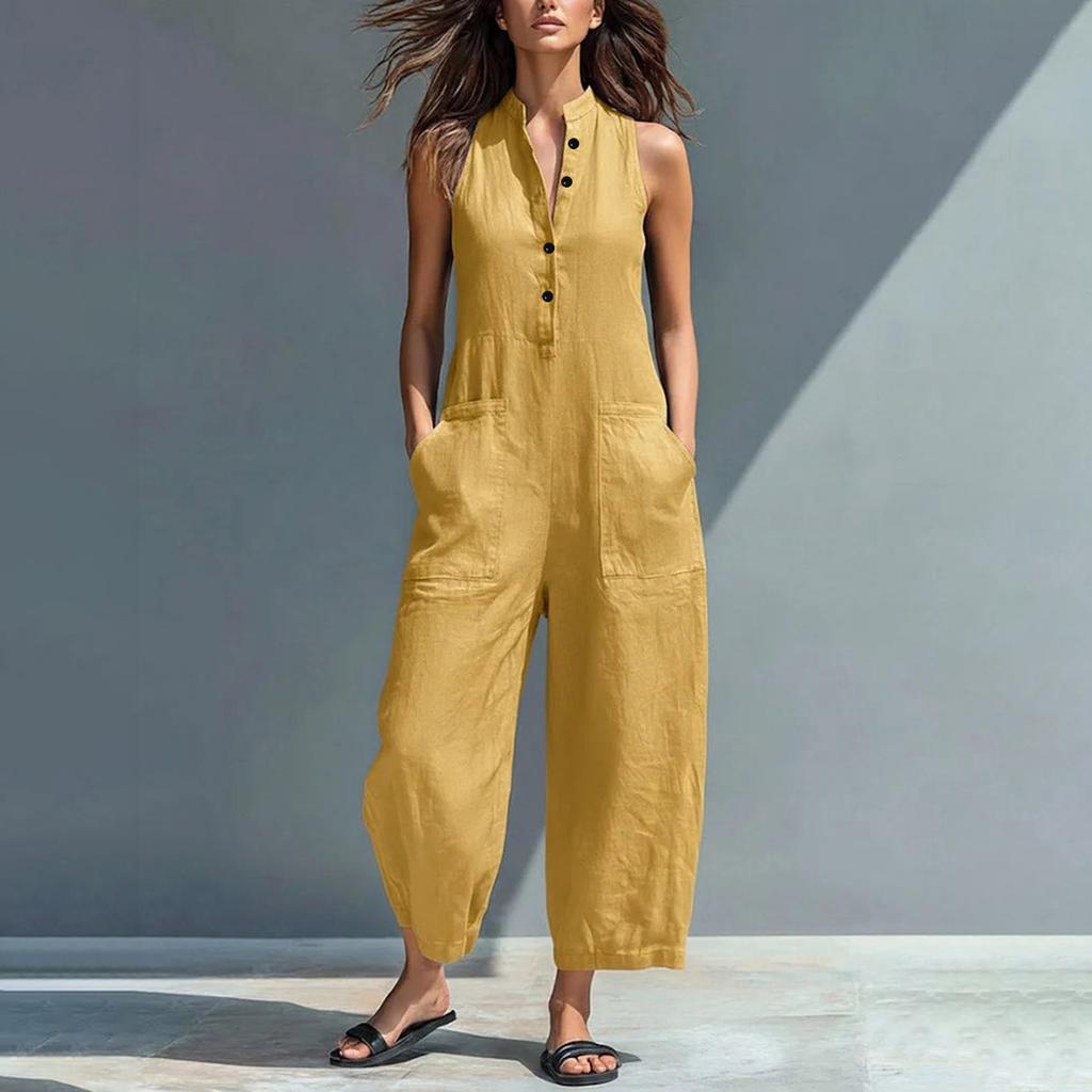 Women’s Sleeveless Loose Fit Jumpsuit with Stand Collar Button Front and Functional Pockets for Casual Wear