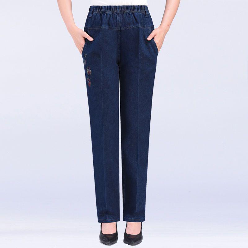 Blugi casual cu talie înaltă, cu picior drept, mărime plus, cu talie elastică, pentru femei de vârstă mijlocie și vârstnice - Primăvară/Toamnă.