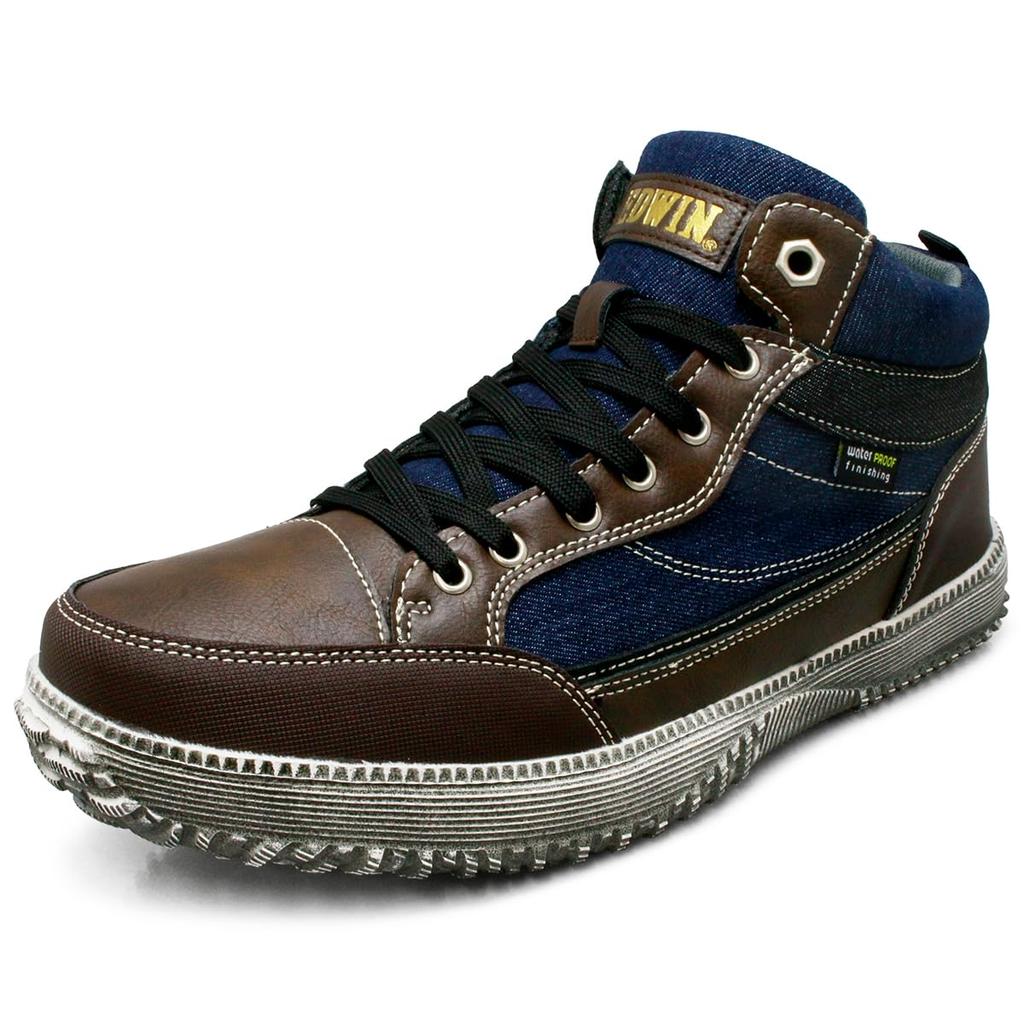 Edwin Waterproof Walking PU Size Men's Shoes, 3E, Lightweight, Shock-Absorbing Sole, Comfortable, Mid-Cut, High-Cut, Leather, Lace-Up, Denim, 26.5