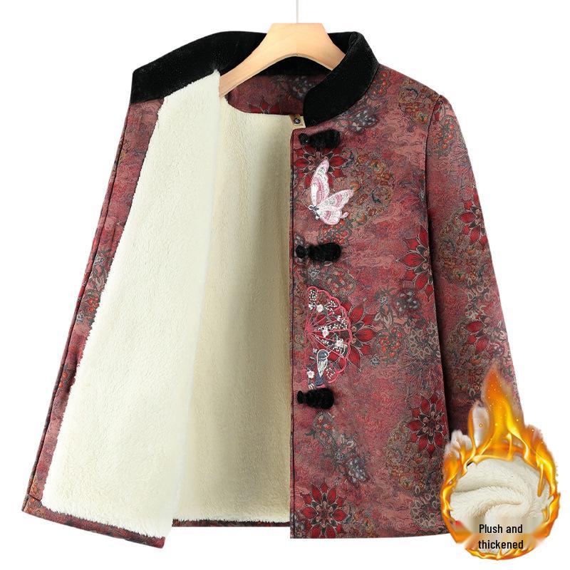 

Grandma s Winter Warm Cotton Jacket for Women - Middle-Aged & Elderly, Plus Velvet Thickened Tang Suit, Cold Protection Outerwear 4XL (suggested 120-135 lbs)