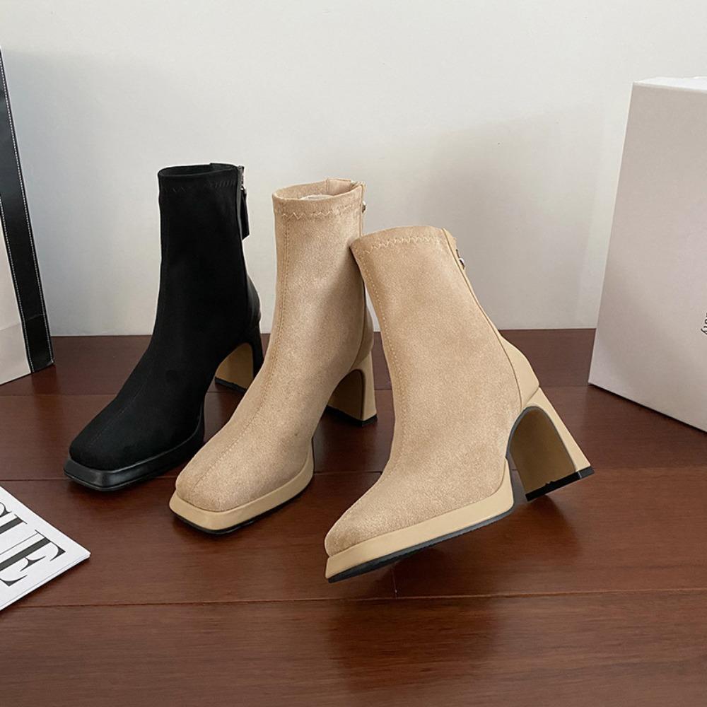 High Heels Women's Autumn and Winter New Suede Short Boots Thick Heels Slim Boots Black Square Toe Short Boots Womens platform