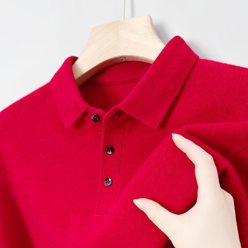 Men's 100% Pure Wool 9-Pin Lapel Sweater, 430g Thickened Base Layer for Middle-Aged Business Casual, Plain Knit.