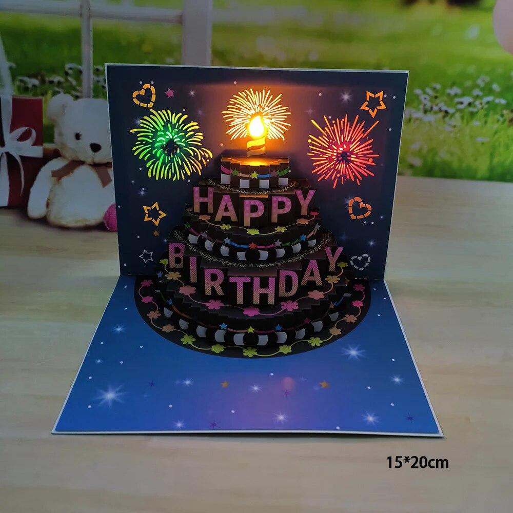 1pcHappy Birthday Card Fireworks 3D Pop Up Cake Light and Music Happy Birthday Card Gift Greeting Card for Husband Kids Wife Mom