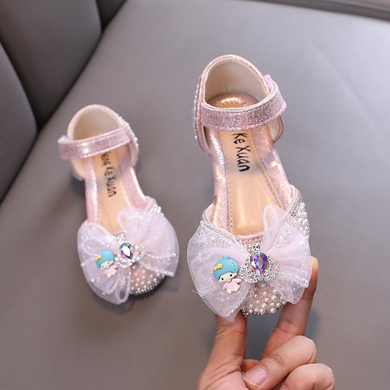 Cute Children's Sandals Elegant Rhinestone Crown Girls Summer Ballet Flat Sandals Fashion Pearl Kids Princess Causal Dress Shoes