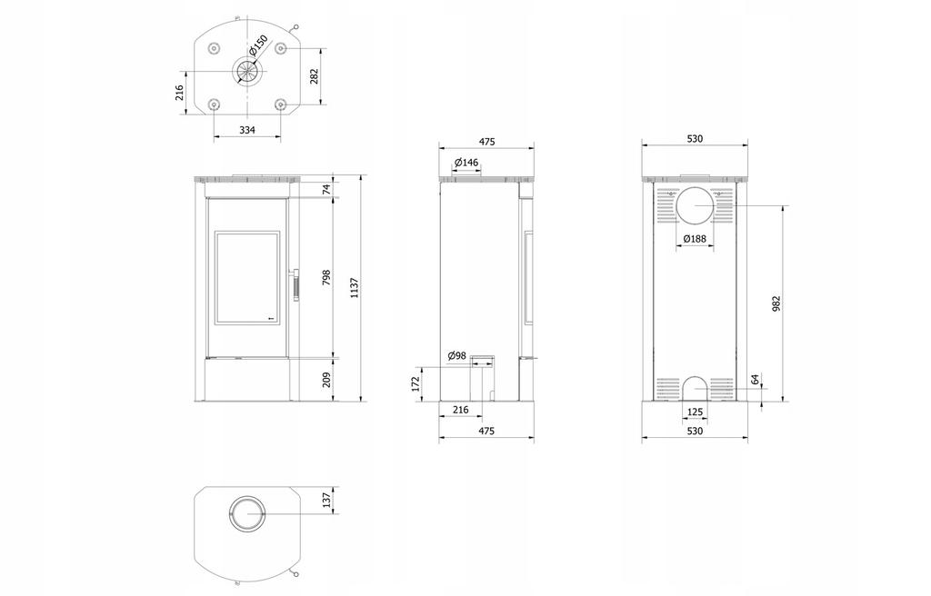 Wood Burning Steel Stove KRATKI TITAN Panorama Ø 150 11 kW Self Closing Door