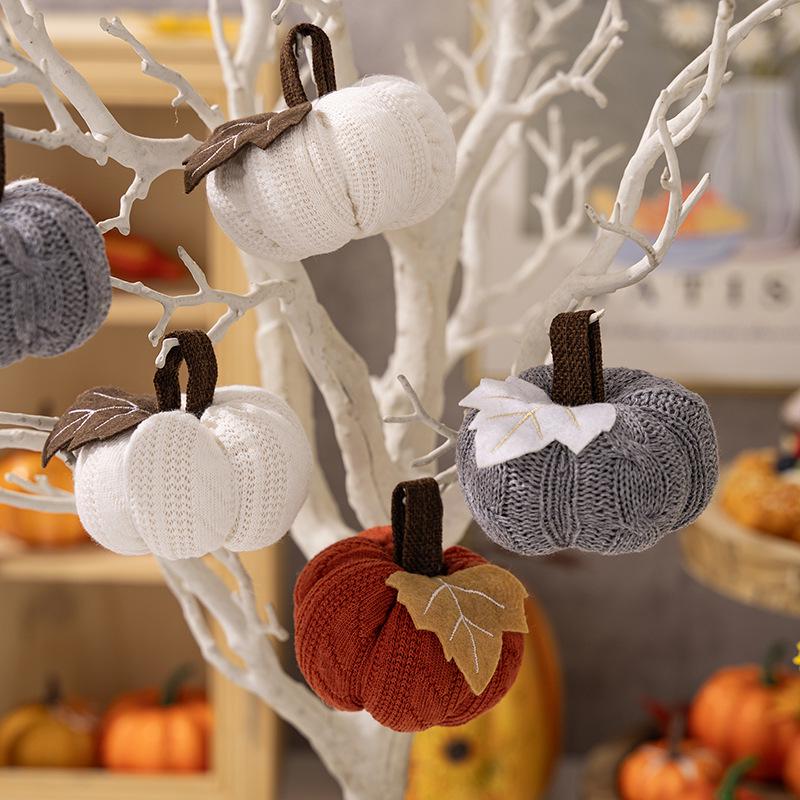 Thanksgiving Orange Pumpkin Knitted Hanging Ornaments for Indoor Decor