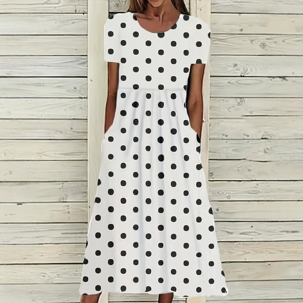 New Summer Fashion Mid-rise Casual Round-neck Polka Dot Printed Short-sleeved Dress for Women