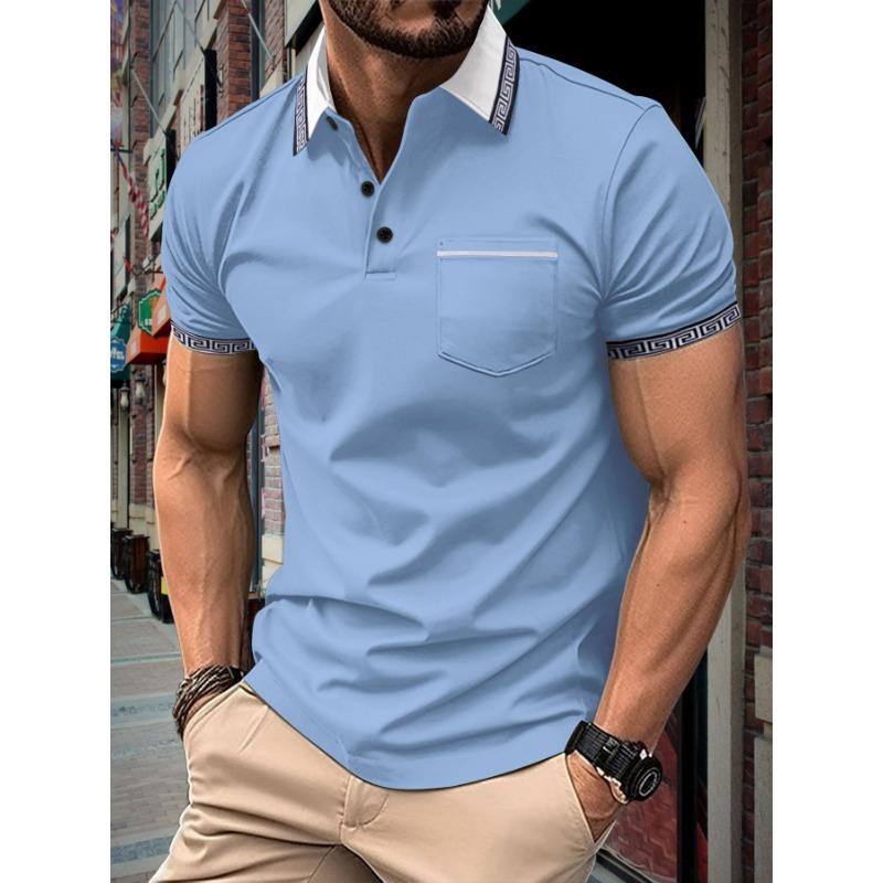 Man Summer Printed Collar Polos Shirt with Button Pocket for Men's Short Sleeve Sports Polo Shirts