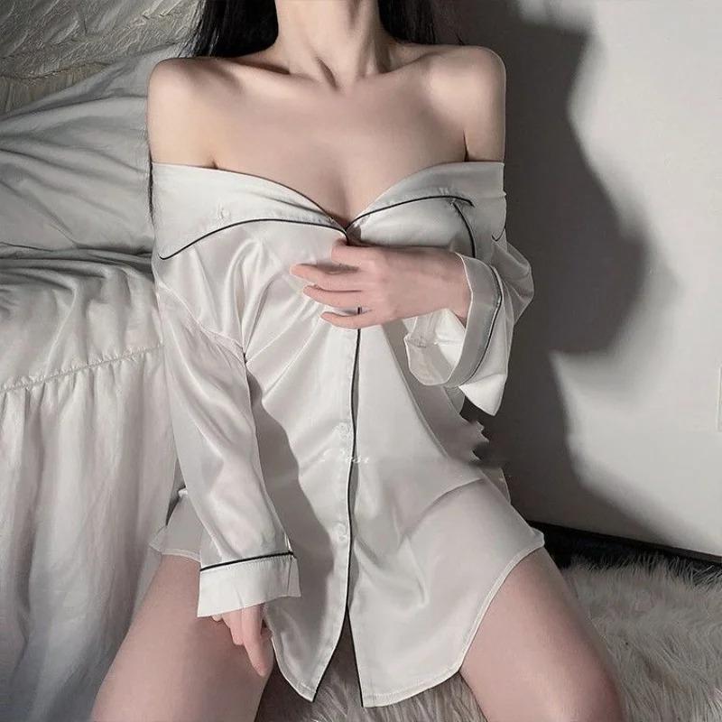New Women's Nightgown  Silk Sexy Summer Pajamas Women's Sexy Pajamas Shirt Nightgown Silk Homewear Spring and Autumn Dresses