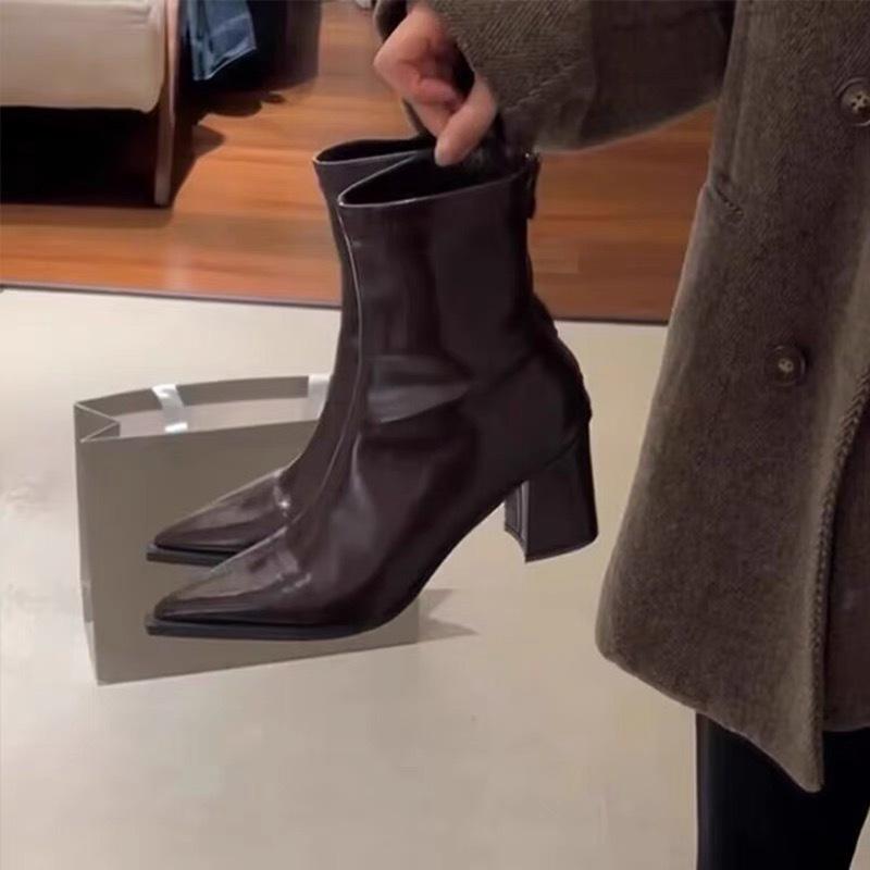High-heeled short boots women's new autumn and winter design sense niche pointed thin boots soft leather thick-heeled boots fashion boots