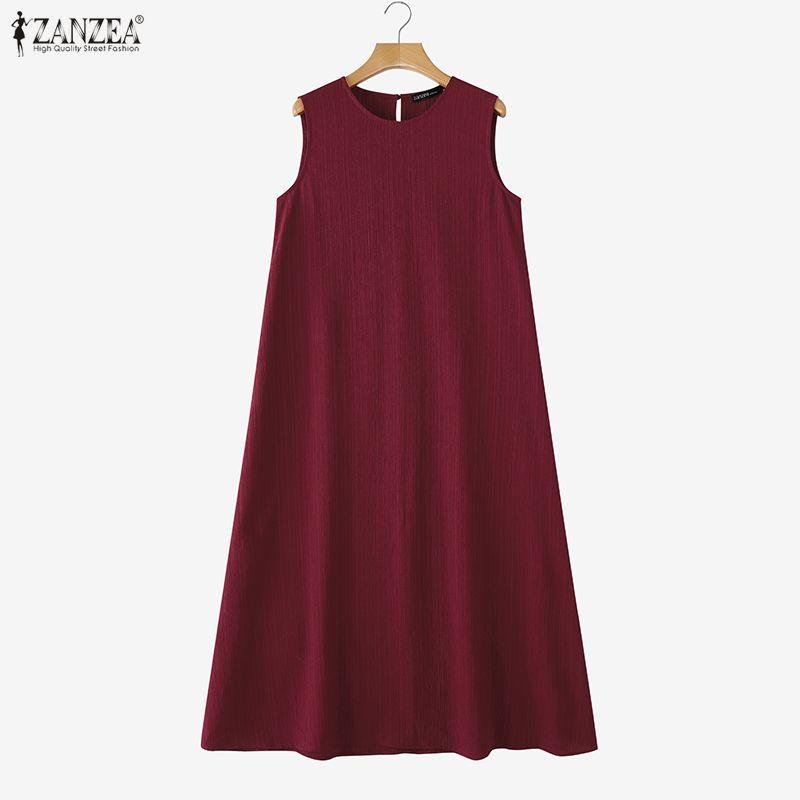 ZANZEA Rochie Casual de Vară Femei cu Gât Rotund, Largă, Fără Mâneci