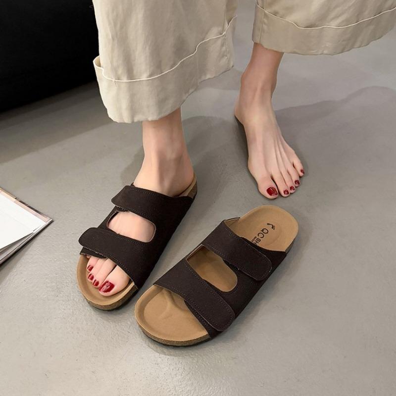 Fashion Summer New Style Flat Sandals Women Fashion Round Head Shallow Mouth Open Toe Cow Suede Set Foot Anti-slip Wear Slippers