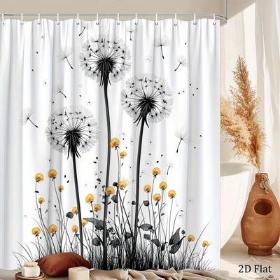 Schwarz-Weiß Löwenzahn Duschvorhang Schwebende Samen & Gelbe Blüten, Elegante Naturkunst Badezimmervorhang für Moderne Wohnkultur