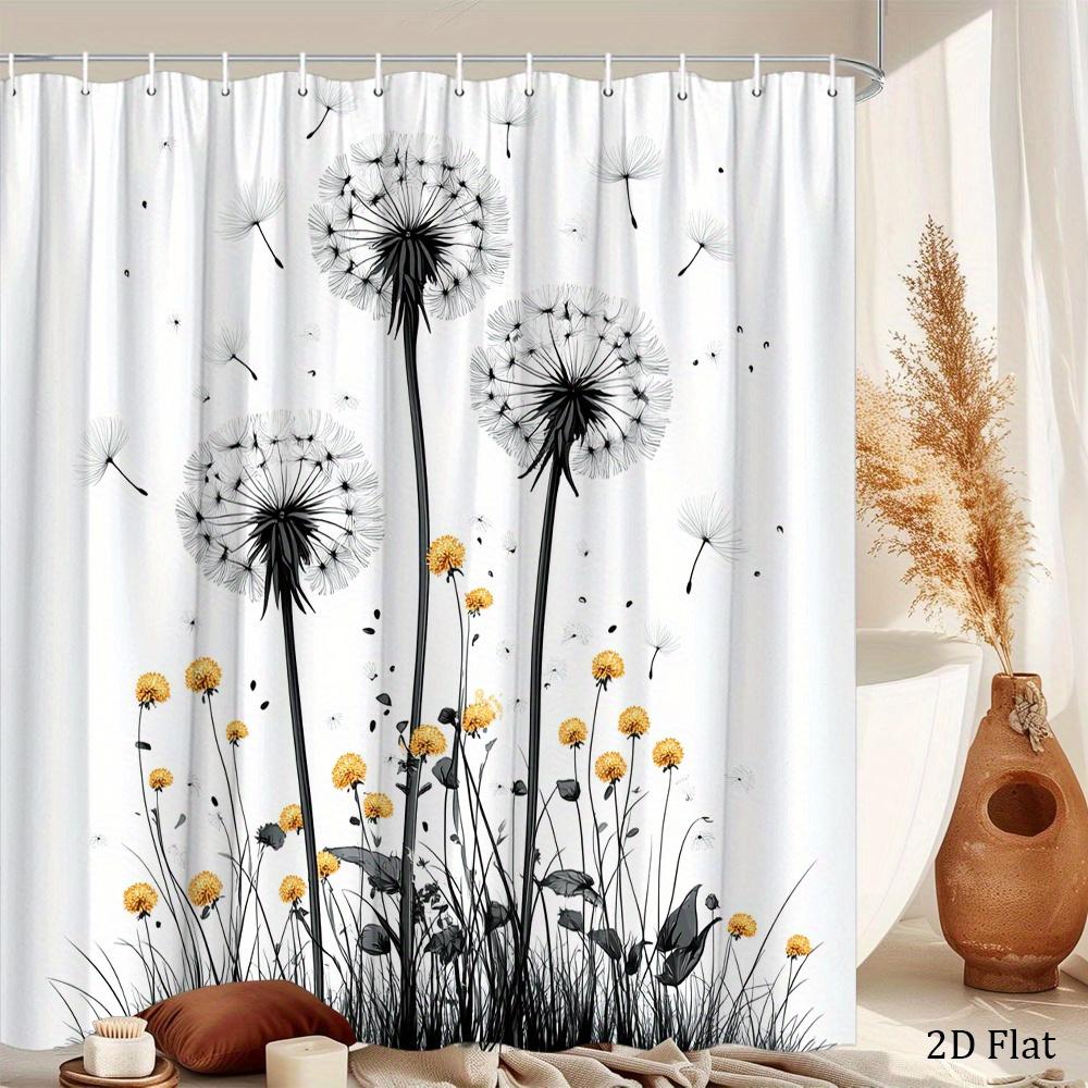 Black and White Dandelion Shower Curtain  Floating Seeds & Yellow Blooms, Elegant Nature Art Bath Curtain for Modern Home Decor