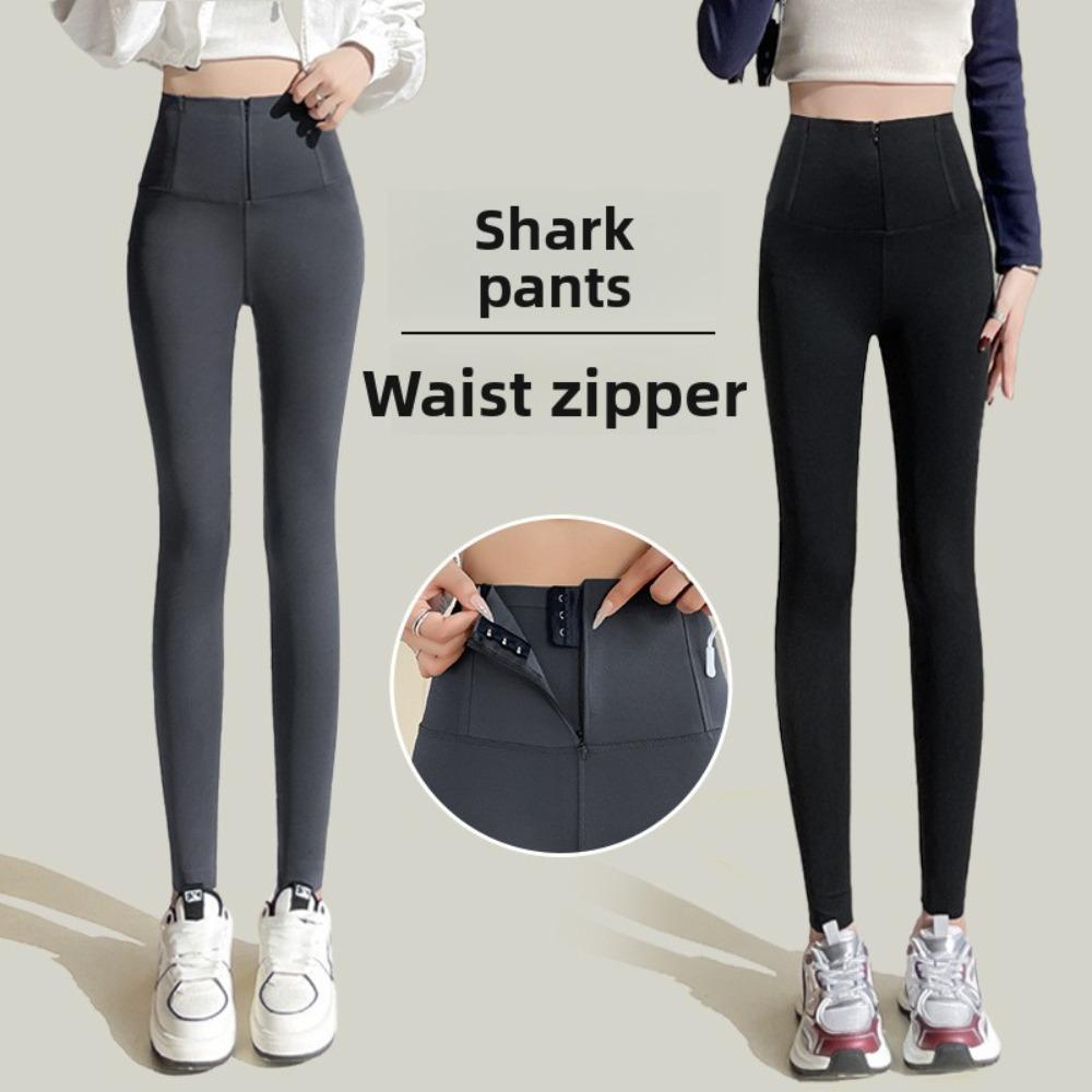 Women Zipper Tummy Control Shark Pants, Fleece Lined High Waist Butt Lifting Skinny Leggings for Autumn Winter Outdoor Wear