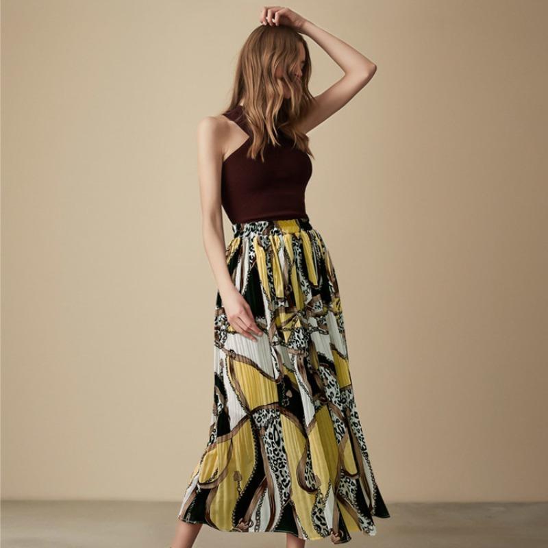 Bohém hippi nyári szoknya Alkalmi kabrió napruha szoknya, magas derékú térd alatti szoknya Női A vonal hosszú szoknya Rugalmas derék szoknya