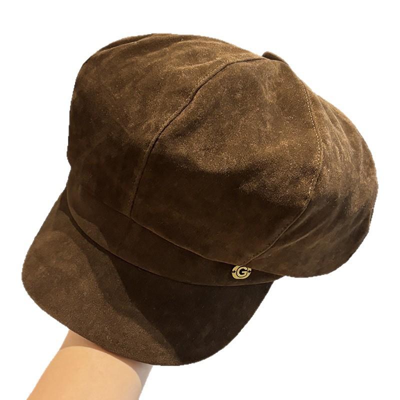Herbst und Winter Neue Wildleder Achteckige Baskenmütze Damen Japanisch Vielseitig Retro Großer Kopfumfang Gesicht Zeigend Kleiner Malerhut