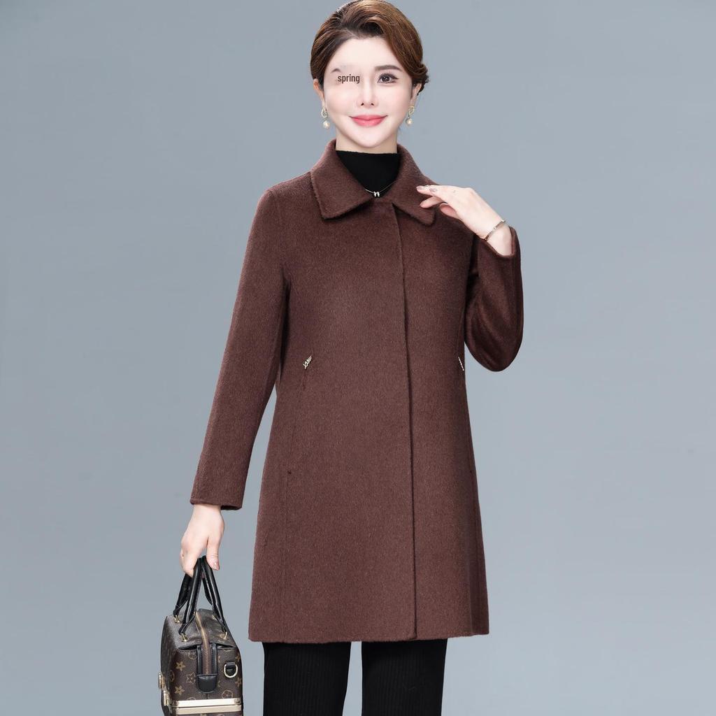 Women's Plus Size Mid-Length Wool Coat - Double-Sided, Fashionable Autumn/Winter Outerwear for Middle-Aged and Elderly
