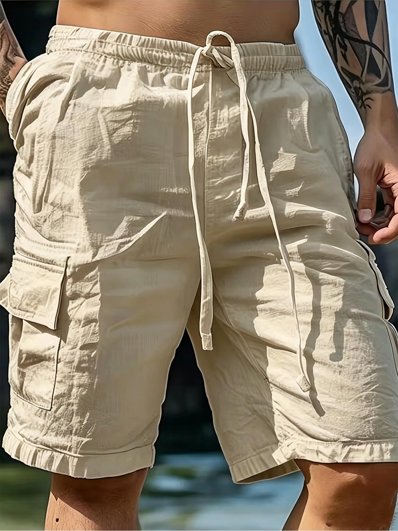 Men s White Linen Blend Cargo Shorts - Elastic Waist Drawstring Loose Fit Casual Breathable Summer Everyday Streetwear S