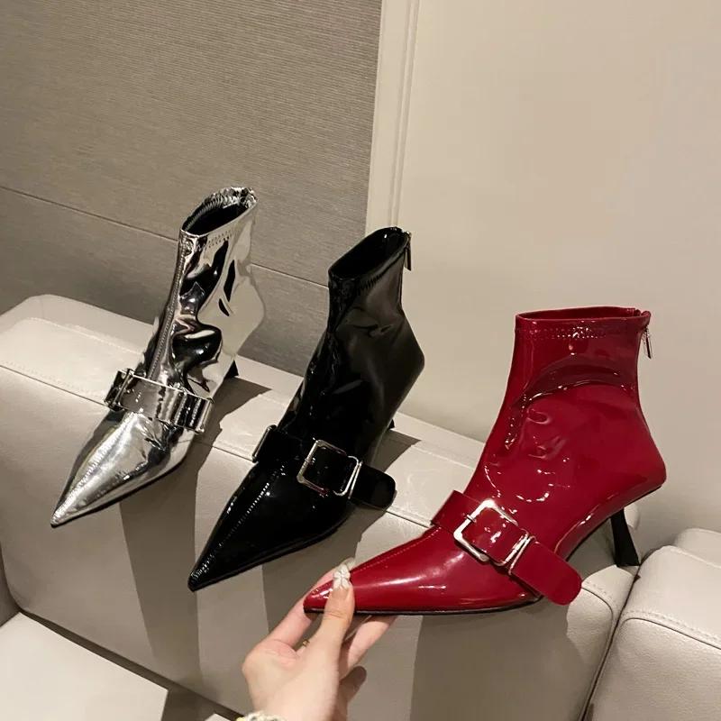Fashion Eilyken Design Sexy Pointed Toe Belt Buckle Women Ankle Boots Thin Heels Patent Leather Autumn Zipper Party Shoes