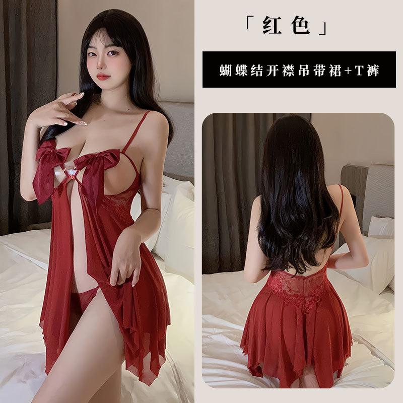 Fan Lei sexy underwear women's suspenders sexy hollow perspective bow hot split backless passion mesh yarn