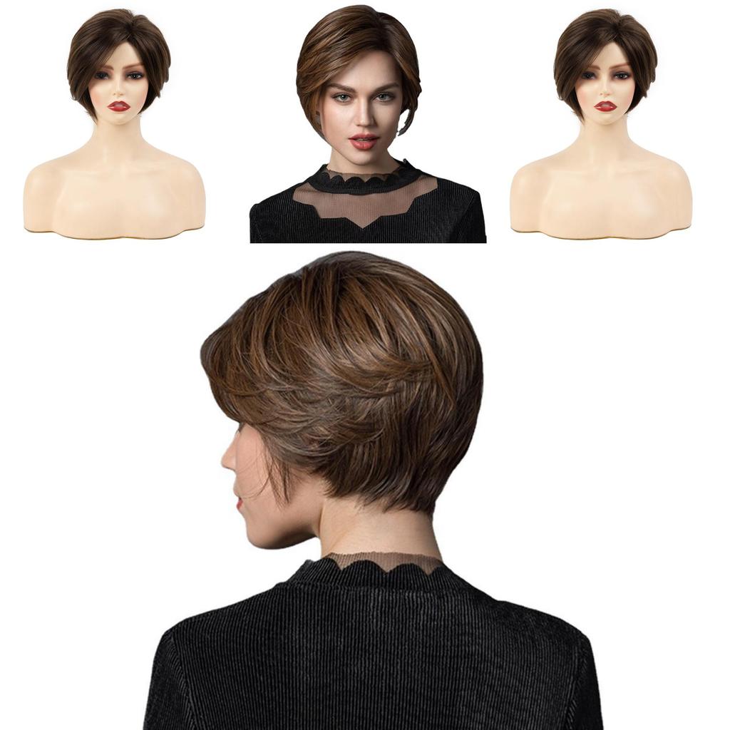 Short Brown Wig Cap With Adjustable Bangs For Women And Teens