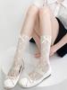 Korean Style Lace Bowknot Fishnet Calf Socks - Thin Hollow Garter Scrunch for Women