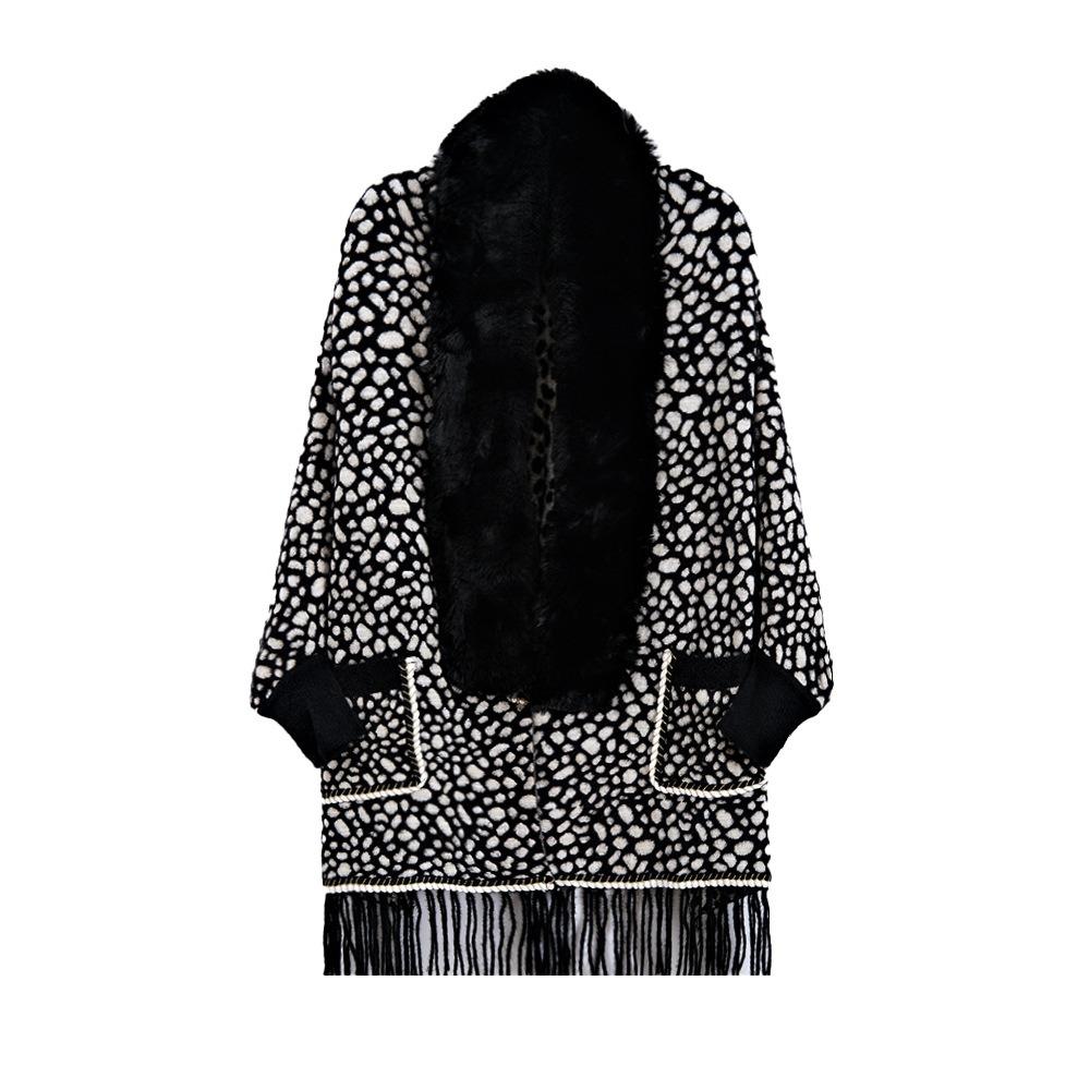 Autumn and Winter Imitation Mink Collar Pocket Sleeves Leopard Print Shawl Cape Fringed Scarf Jacket Women's Knitted Sweater