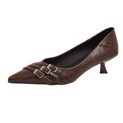 Fashion Fashion Belt Buckle Design Kitten Heel Women Pumps Sexy Pointed Toe Shallow Soft Leather Mules Shoe for Women Elegant High Heels