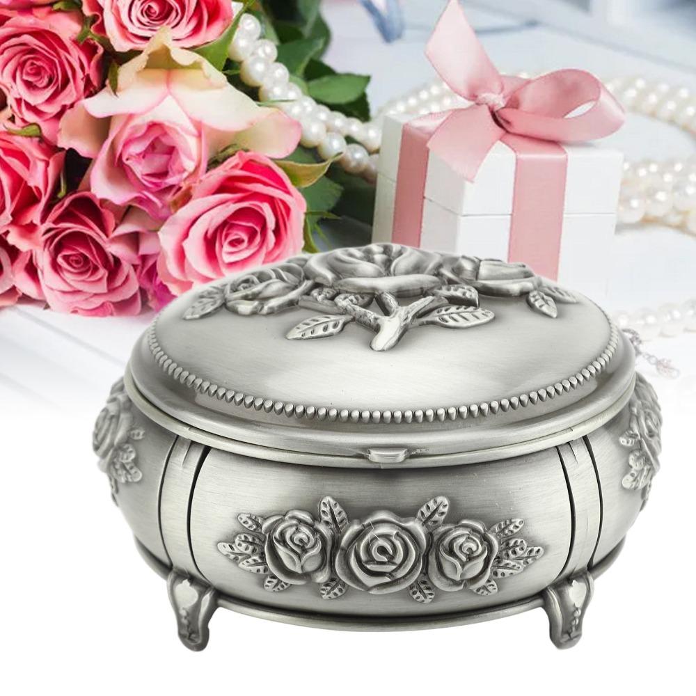 Oval Jewelry Organizer Box Emboss Alloy Trinket Jewelry Box  For Rings Necklaces Earrings