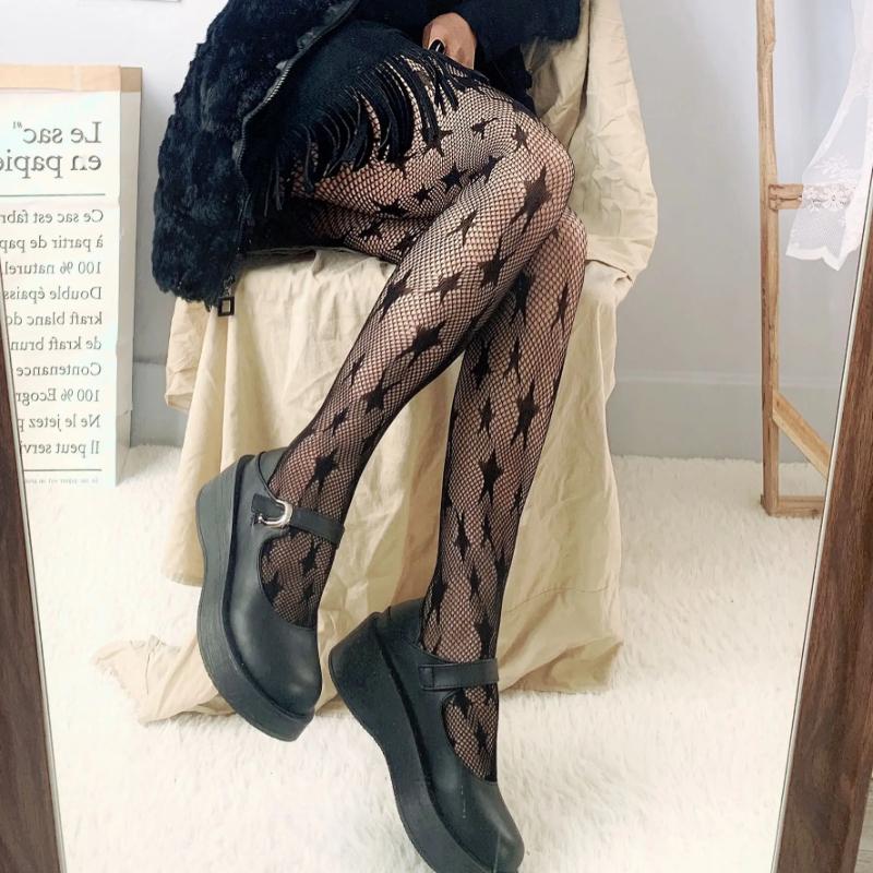 Lolita Dark Black Pantyhose Star Mesh Stockings Female Fishnet Stockings JK Girls Socks Mesh Tights Lingerie Thigh High JK Socks
