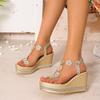 Keilsandalen Damen 2025 Sommer Neu Runde Zehenpartie Offene Zehenpartie Strassblumen Schmal Commuter Weiche Sohle Damenschuhe