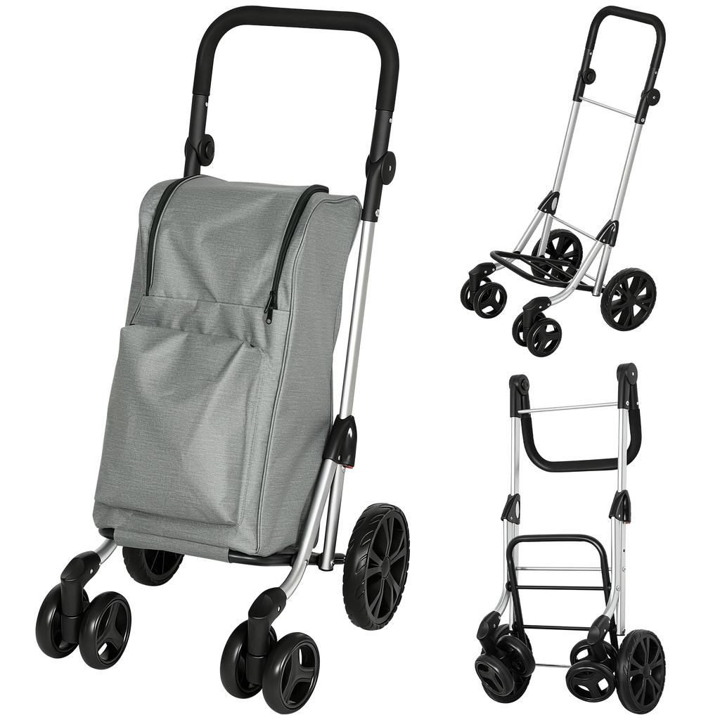 Shopping Trolley, 46 Litre Bag, Foldable Shopping Cart with Cooler Bag, Adjustable Handle, Aluminum Frame, Grey